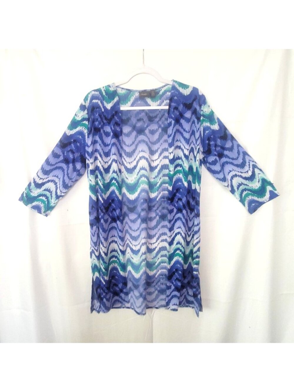 Travelers By Chicos Liquid Knit Blue Wave 3/4 Sleeve Open Cardigan Duster Size 1